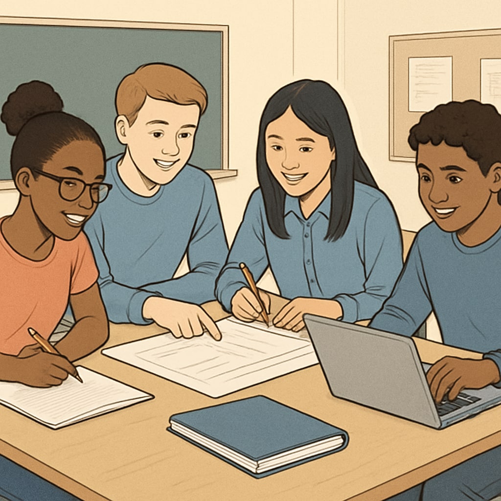 A diverse group of students working collaboratively on a project, reflecting the integrated approach of wokeness in schools. Multi-ethnic students collaborating on a school project.