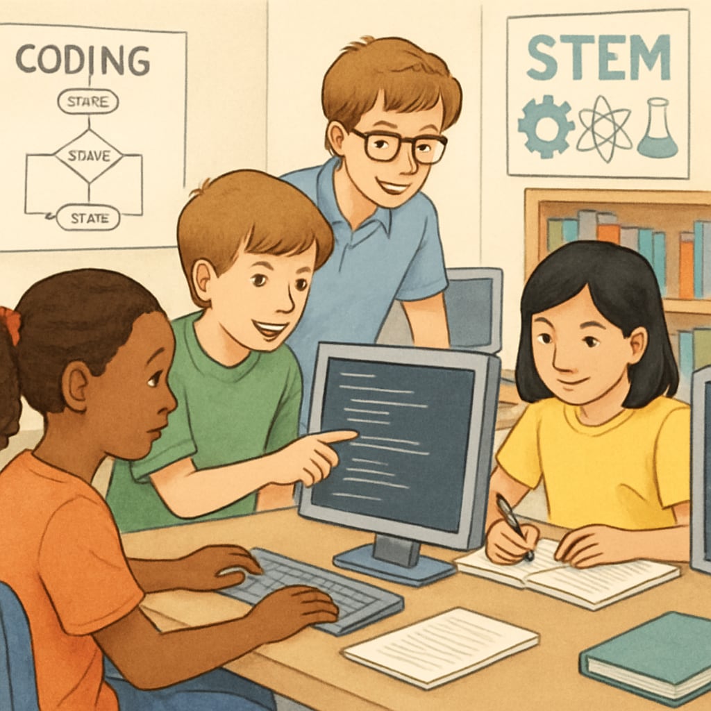 A group of students coding together in a classroom, representing the importance of early STEM education. Students coding in a classroom, emphasizing early STEM education for cybersecurity and data science.
