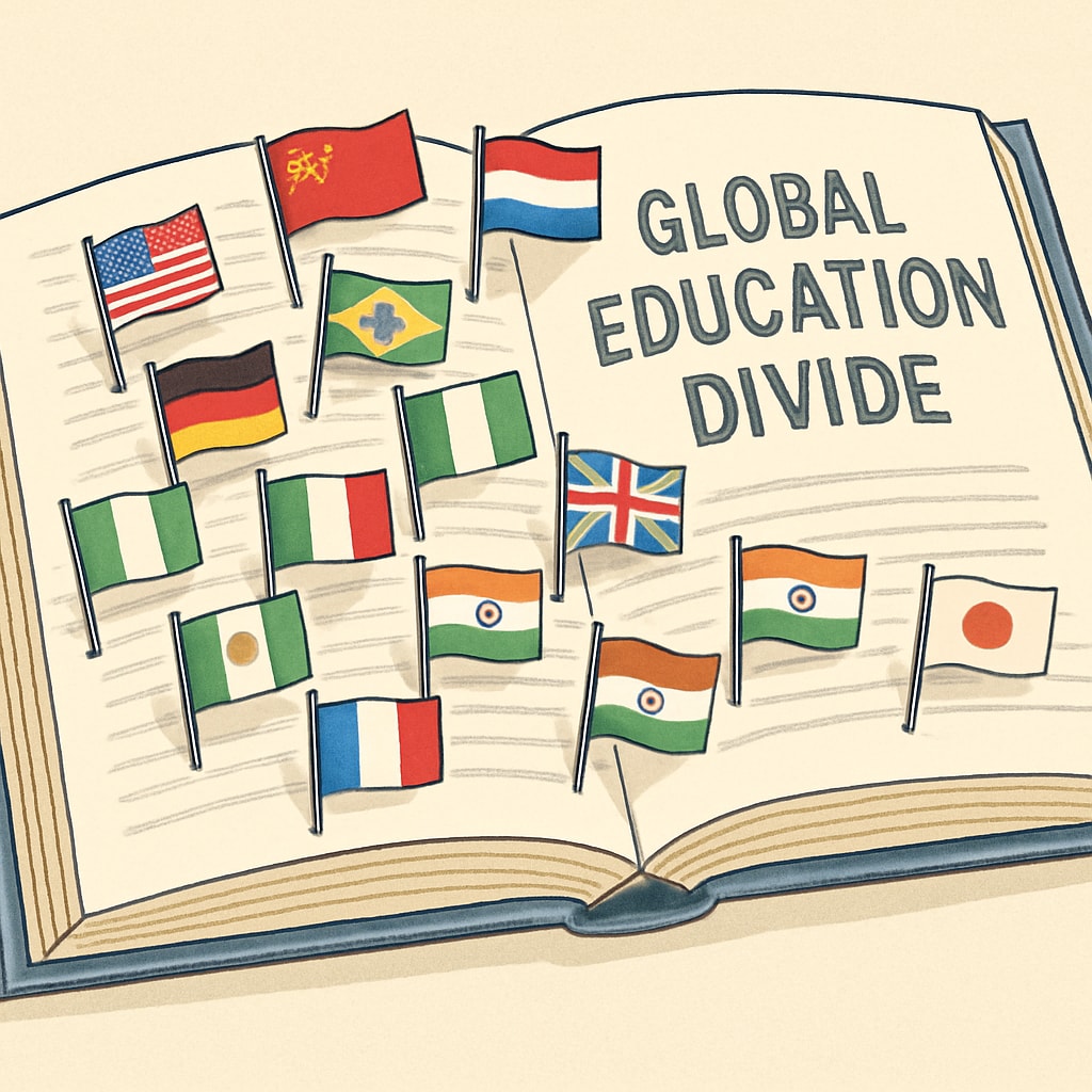 A close-up of an open textbook with flags representing different countries, illustrating the global education divide. Open textbook with international flags symbolizing challenges in global education.