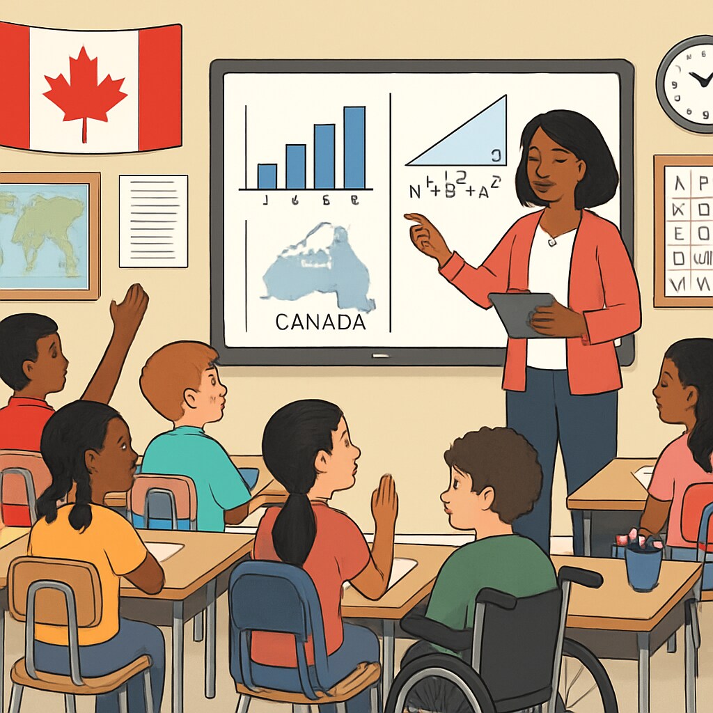 A classroom in Canada featuring diverse students and a teacher using a digital whiteboard, showcasing inclusivity and modern teaching tools. Canadian classroom with diverse students and teacher using digital whiteboard.