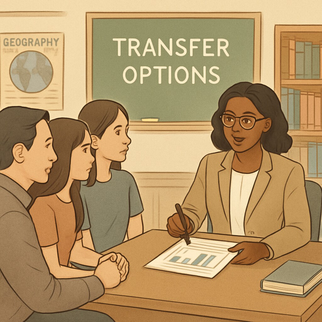 A school counselor discussing transfer options with a family, symbolizing communication challenges in school districts. A school counselor helping a family navigate transfer options, highlighting district communication barriers.