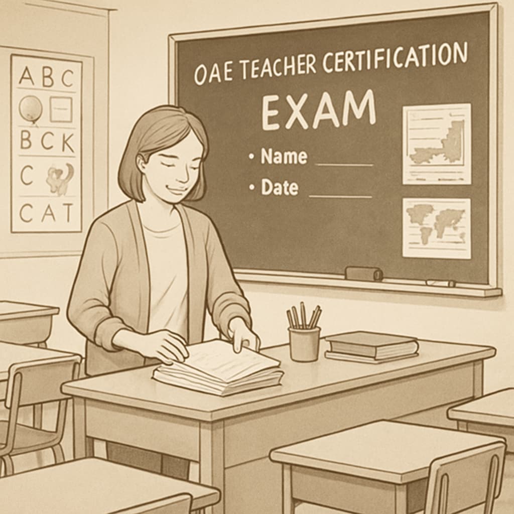 A calm classroom setting with a teacher preparing for an exam, symbolizing focus and readiness for the OAE teacher certification exam. Calm classroom setting with a teacher preparing for OAE teacher certification exam