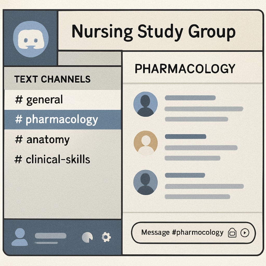 A screenshot of a Discord nursing study group interface with organized channels for topics like pharmacology, anatomy, and clinical skills. Discord interface for nursing study groups showing topic-specific channels.