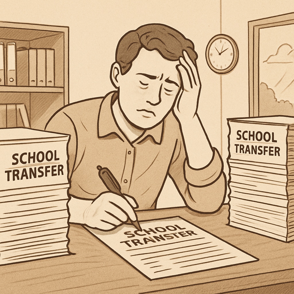 A frustrated parent filling out complicated school transfer paperwork, illustrating administrative barriers. A parent struggling with school transfer paperwork, reflecting the difficulties in navigating school district systems.