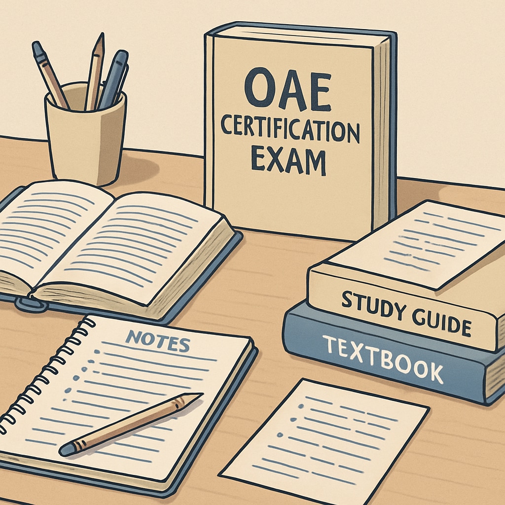 A peaceful study space with organized notes and study materials, emphasizing preparation and focus for the OAE certification exam. Peaceful study space with organized notes for OAE certification preparation