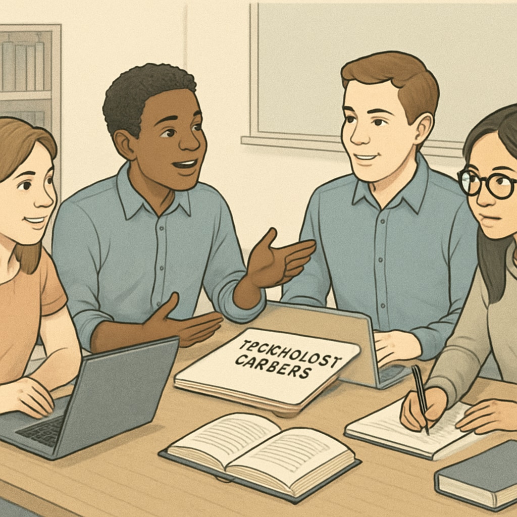 A group of students discussing technology careers, with laptops and books on a table. Students discussing technology careers, focusing on cybersecurity and data science engineering.