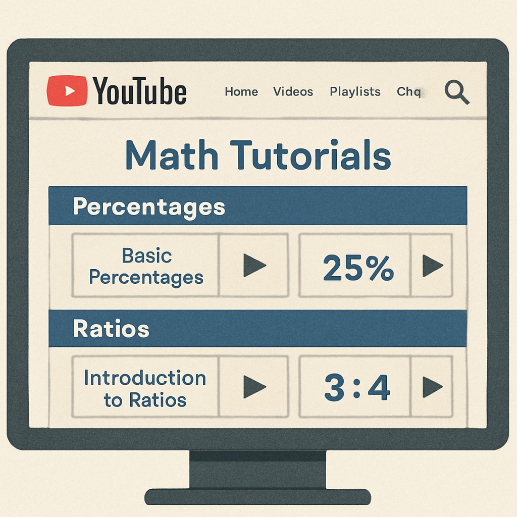 A computer screen displaying a YouTube channel focused on math tutorials, with categories like percentages and ratios visible. Math ability tests, campus recruitment, YouTube learning resources displayed on a computer screen.