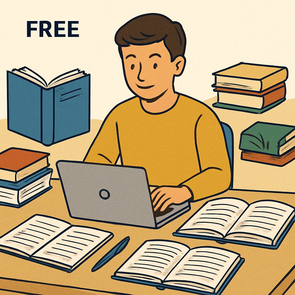 A student studying with a laptop, surrounded by books and notes, depicting free online learning resources. High school student utilizing free online learning resources for self-study.