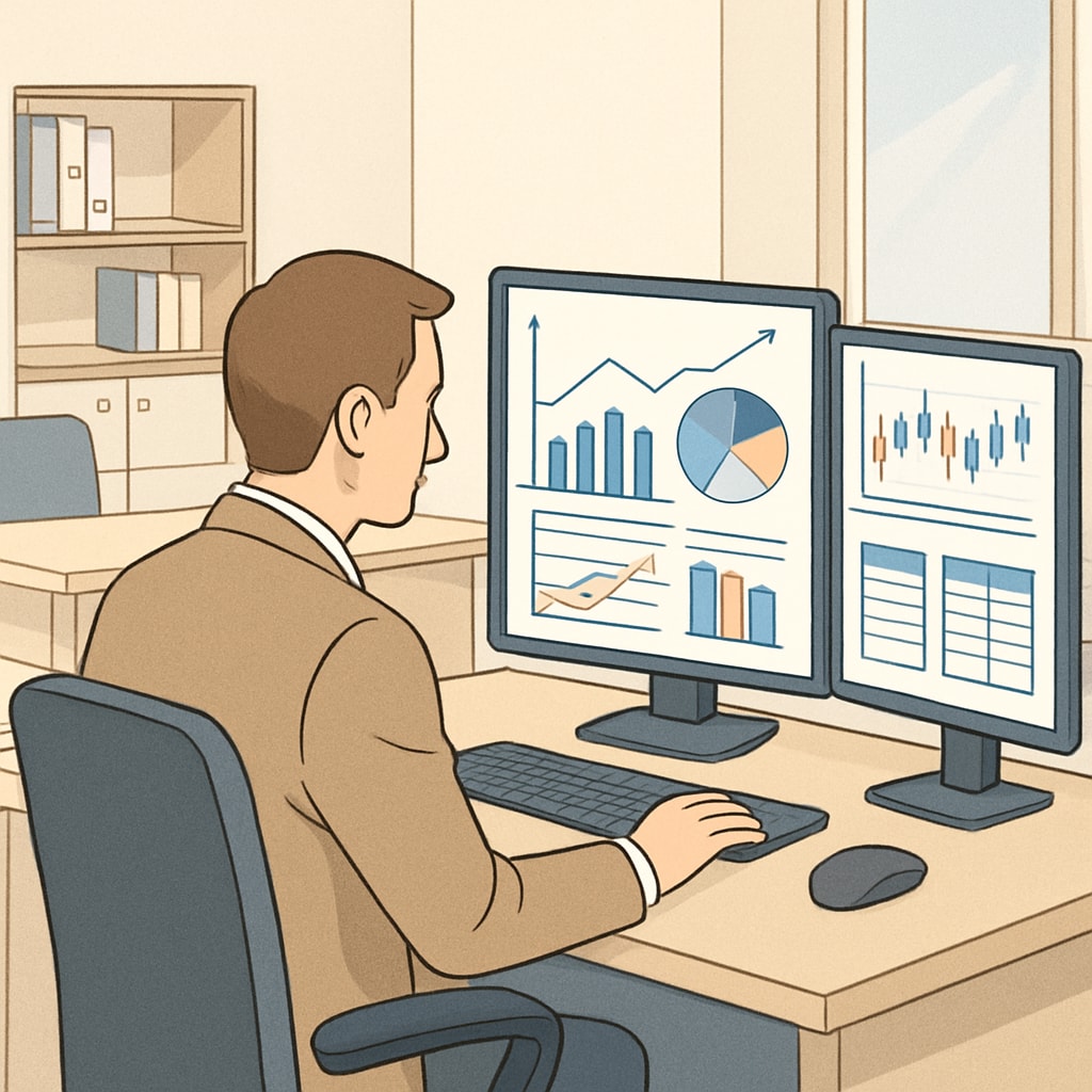 A professional analyzing data on multiple computer screens in an office setting. Data scientist working on predictive models and datasets.