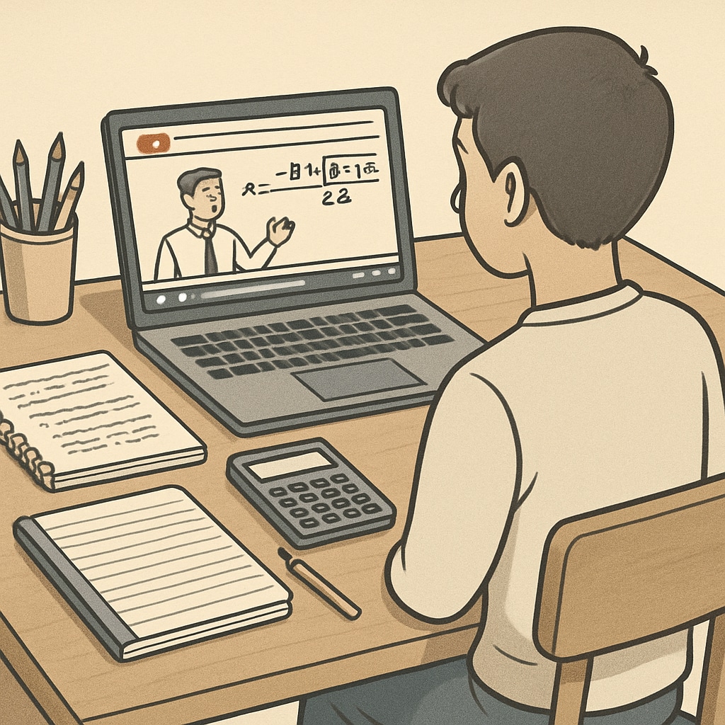 A student watching a YouTube math tutorial on a laptop, surrounded by notebooks and a calculator. Student preparing for math ability tests during campus recruitment using YouTube resources.