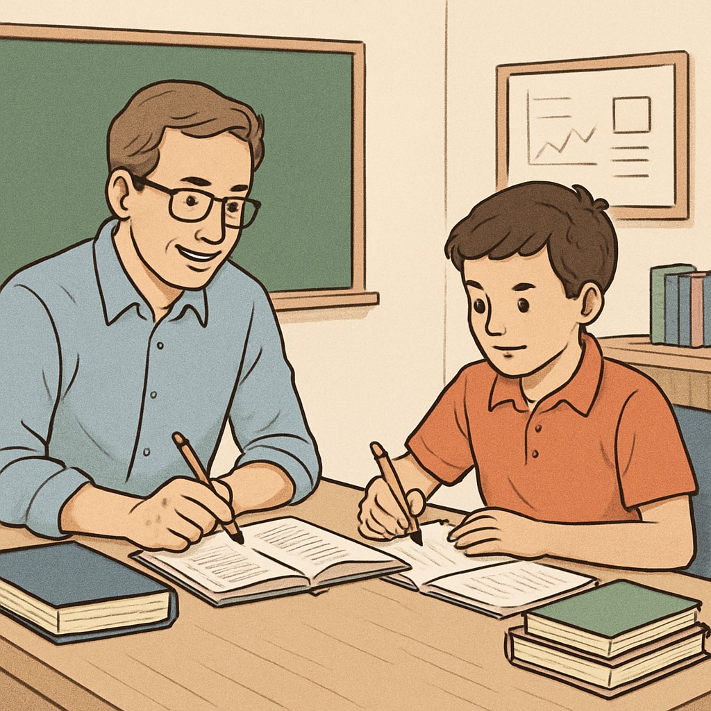 A classroom setting with a tutor and student engaged in a one-on-one session, emphasizing personalized tutoring. A personalized tutoring session between a tutor and a high school student.