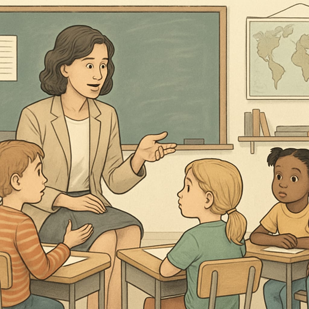 A teacher engaging young students in a Socratic dialogue in a classroom setting. Philosophy teacher guiding students through a Socratic dialogue during a social experiment in K12 education.