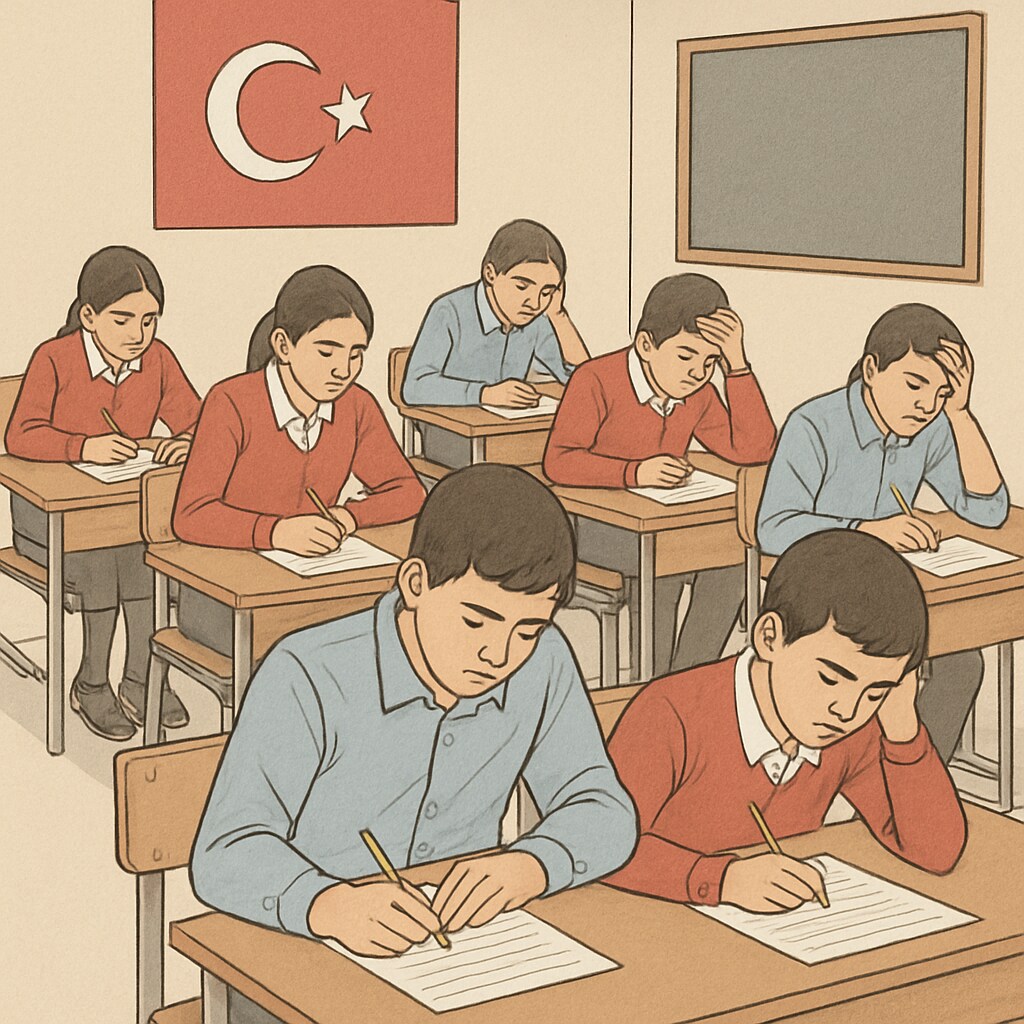 A classroom of Turkish students taking a centralized examination, illustrating the stress and rigidity of the system. Turkish education system exam stress classroom
