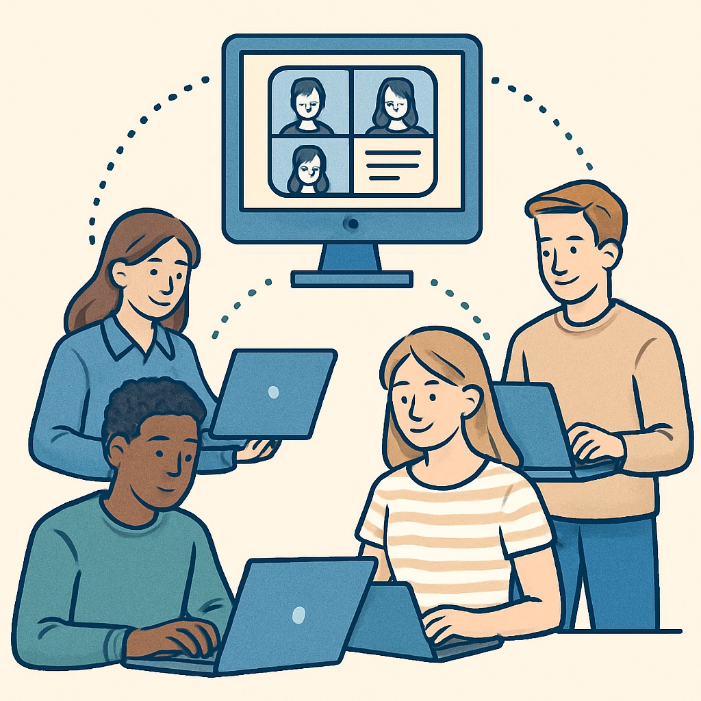 A group of students collaborating on laptops in a shared online platform, representing modern digital learning communities. Students collaborating in a digital learning platform, reflecting K12 learning groups inspired by university practices.