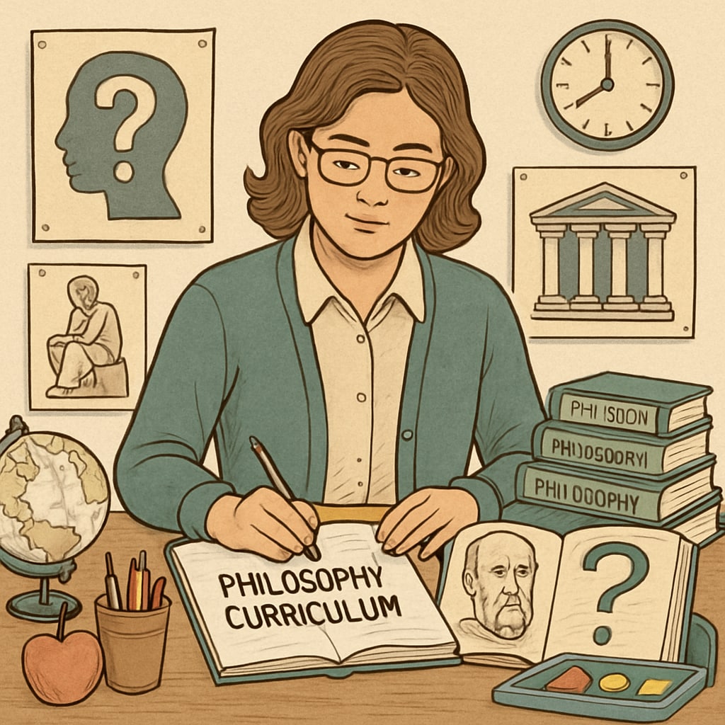 An educator designing a philosophical curriculum for K12 students, surrounded by books and educational materials. Educator creating a philosophy-based curriculum as part of a social experiment in K12 education.