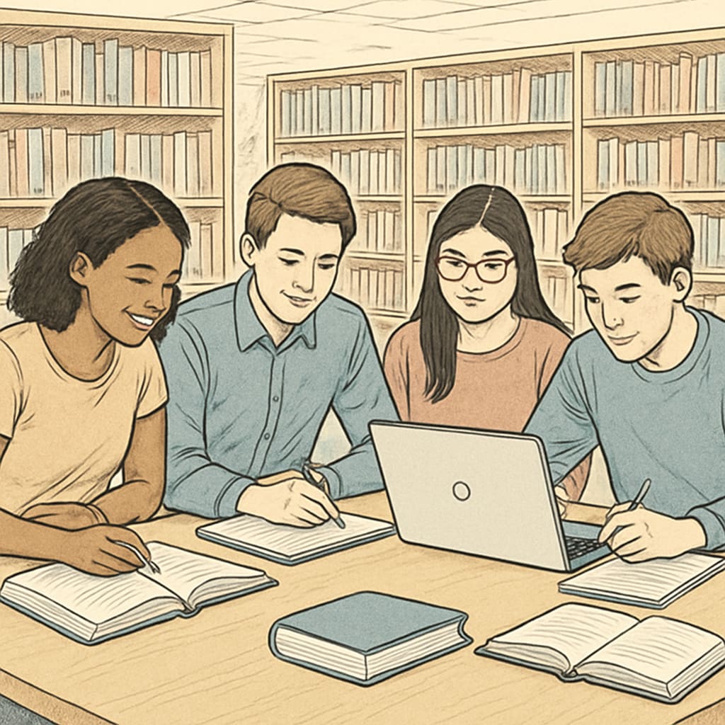 A group of students sitting together in a library, engaging in a collaborative study session. Collaborative study group of students at the library