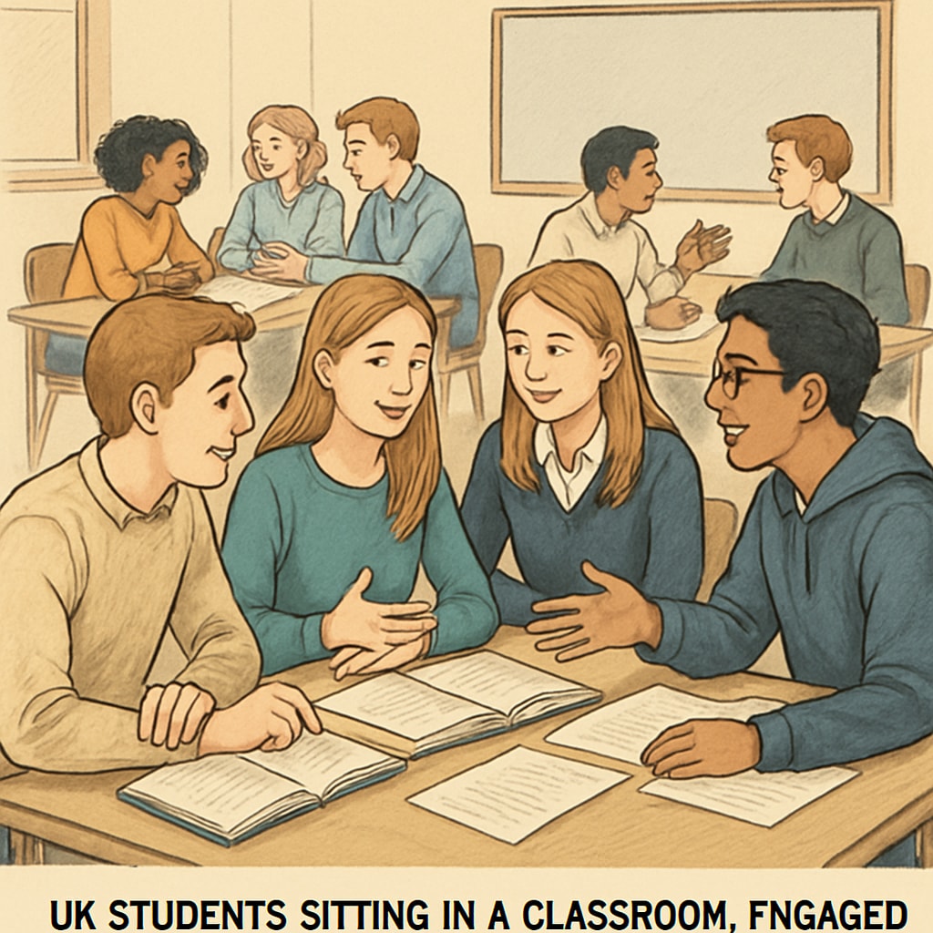 UK students sitting in a classroom, discussing coursework in small groups, highlighting the collaborative and flexible nature of A Levels. UK A Levels flexible coursework classroom