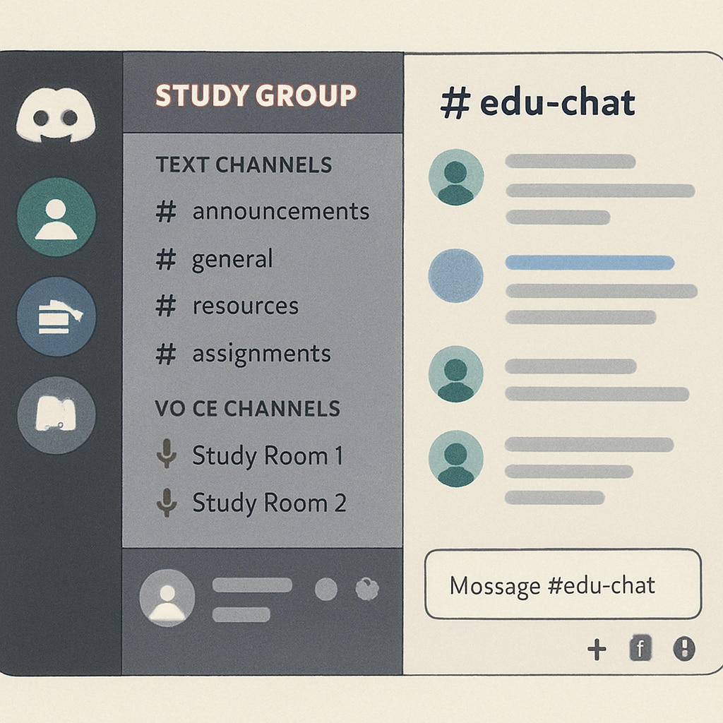 A screenshot of Discord's interface showing educational channels, demonstrating its use for study groups and collaborative learning. Discord interface for learning groups, showcasing its application in K12 education inspired by university models.