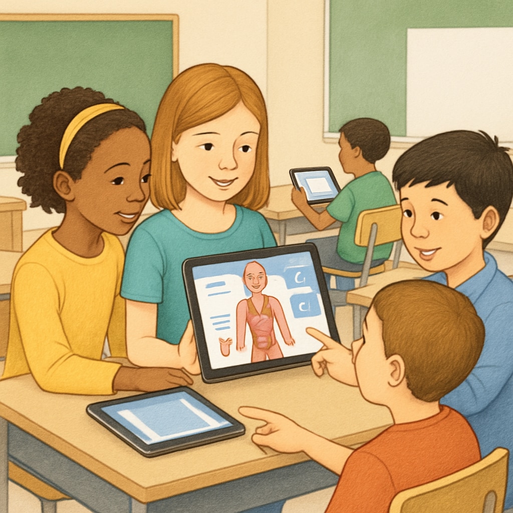 K-12 students exploring medical education online courses through interactive tools.