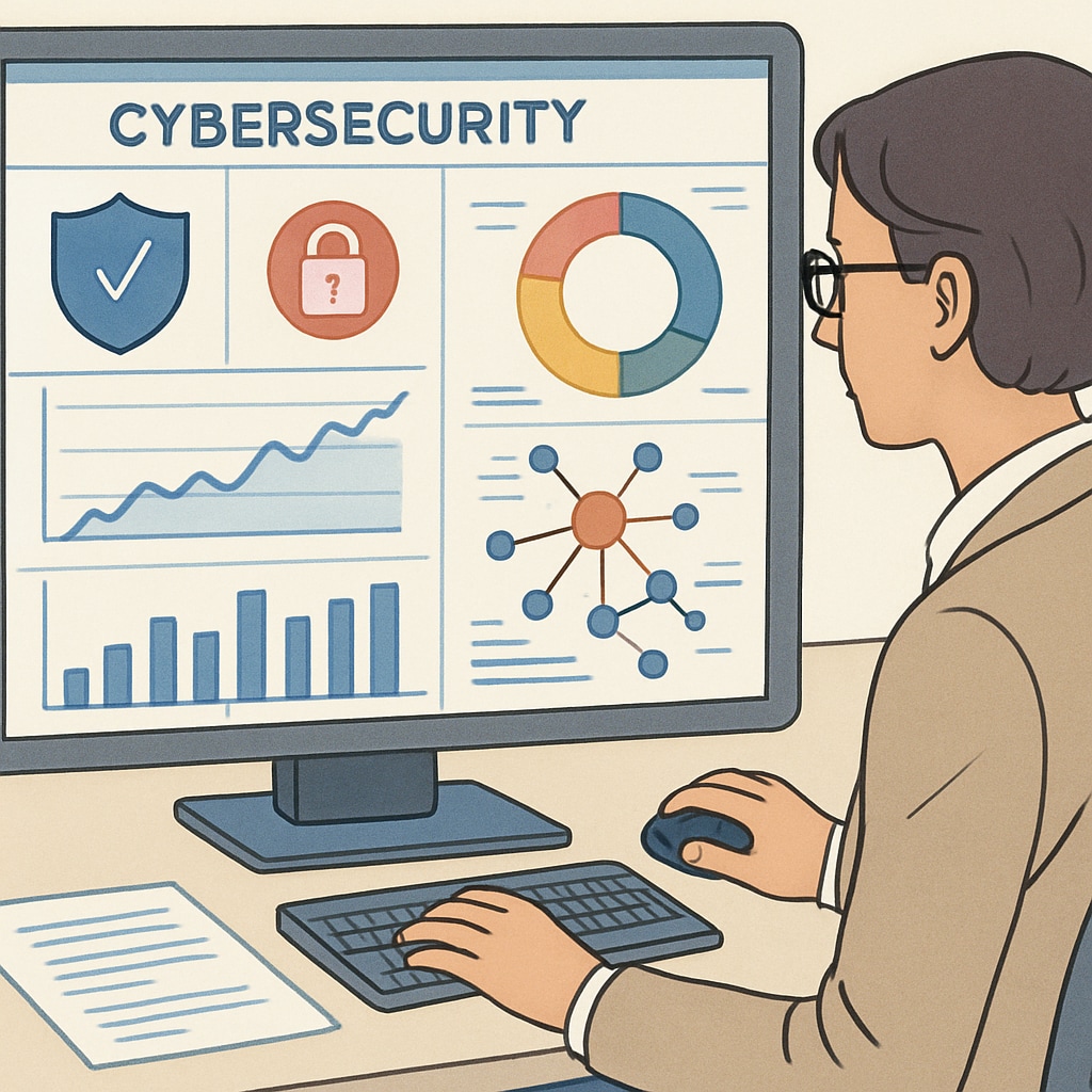 A professional working on a cybersecurity dashboard with data visualizations on screen. Cybersecurity professional analyzing data on a dashboard.