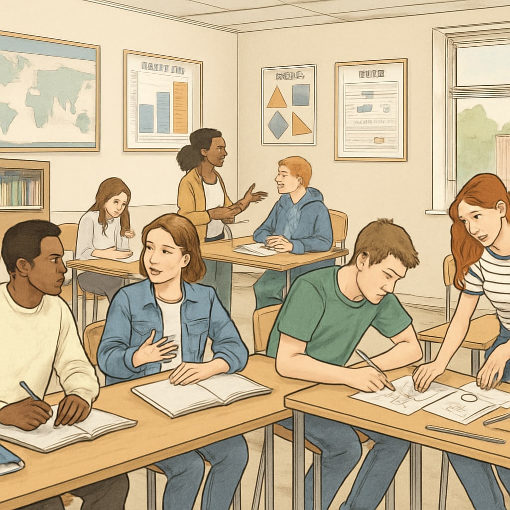 A supportive UK classroom environment showing young adults engaging in learning activities. Returning to education in the UK with young learners in a supportive classroom.