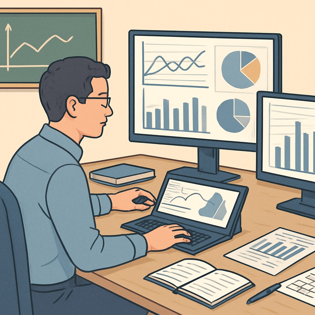 A data scientist analyzing large datasets with charts and graphs displayed on multiple monitors. Data scientist working with visualized data insights.