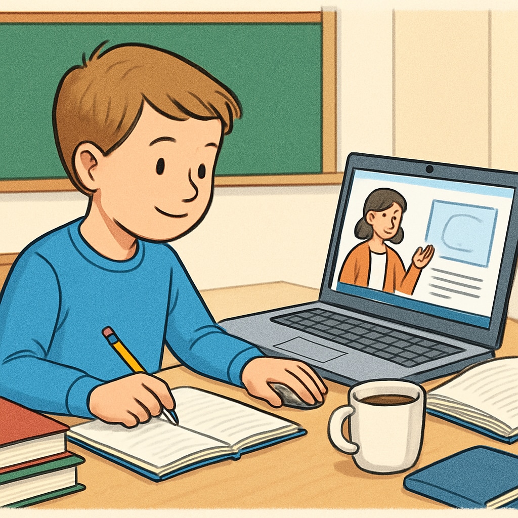 A young learner studying online using platforms like Open University or FutureLearn. UK youth improving qualifications through online learning platforms.