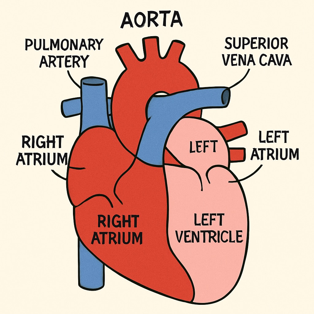 A visually engaging illustration of the human heart, labeled with its chambers and arteries in a simplified, beginner-friendly style. Beginner-friendly depiction of the human heart for non-medical cardiology learners.