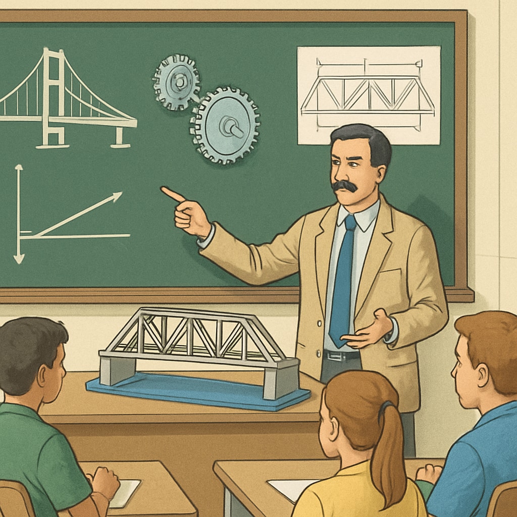 A classroom setting where a teacher is explaining complex engineering concepts using models and diagrams to students. A teacher explaining engineering concepts in a classroom setting with students.