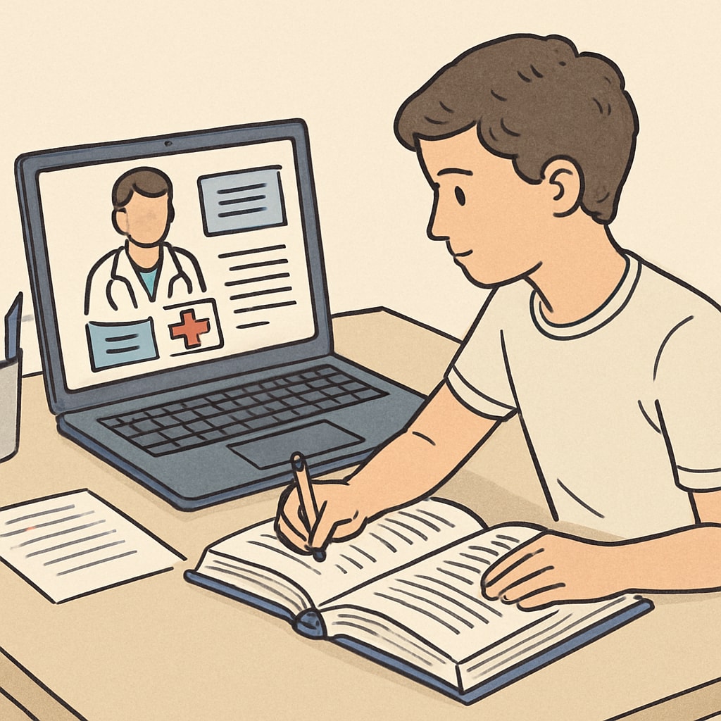 An image of a student using a laptop and textbook while watching an online medical course, symbolizing accessible education. Student engaging with online cardiology resources tailored for beginners.