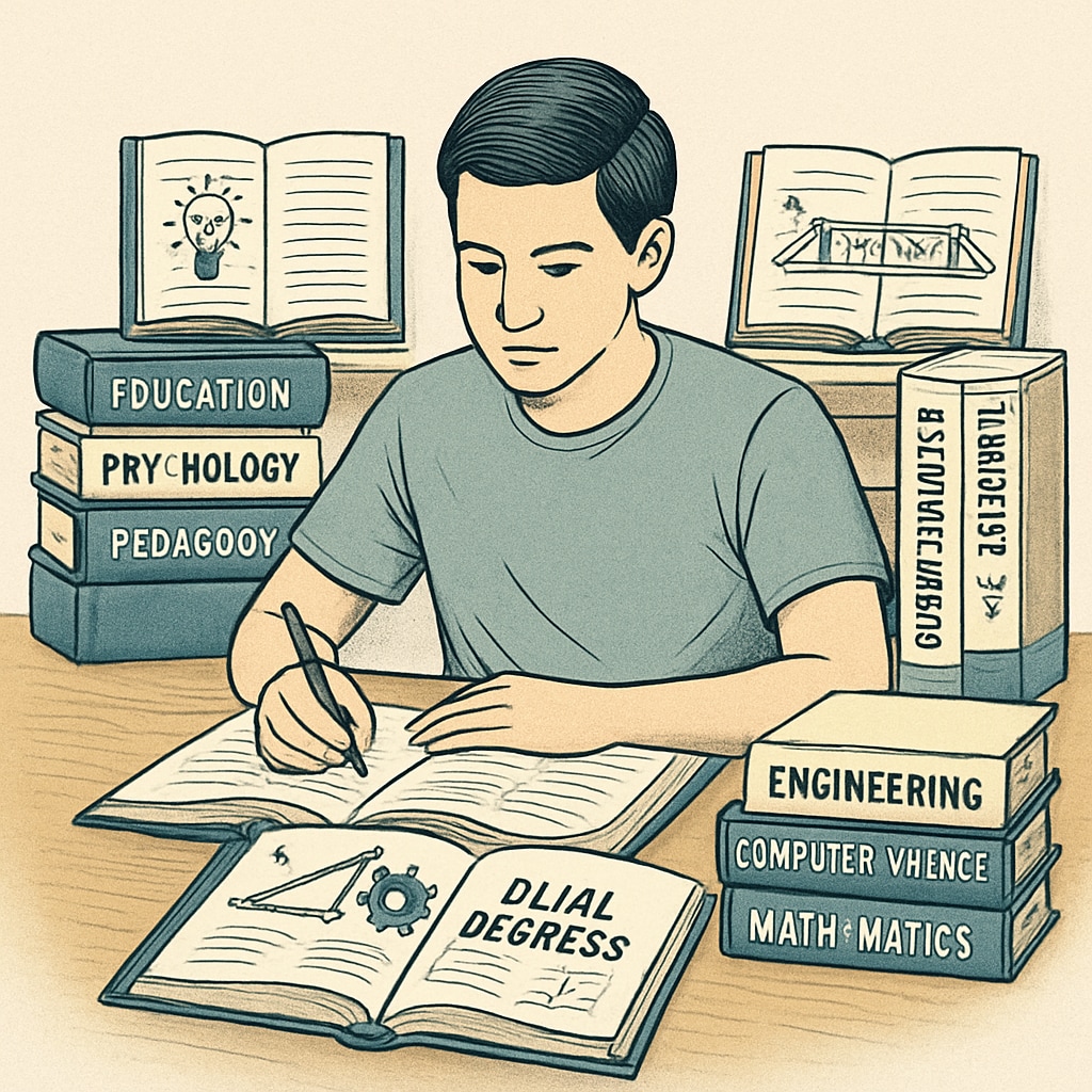 A university student sitting at a desk, balancing textbooks from both education and engineering subjects, highlighting the interdisciplinary nature of dual degrees. A student studying education and engineering textbooks at a desk.