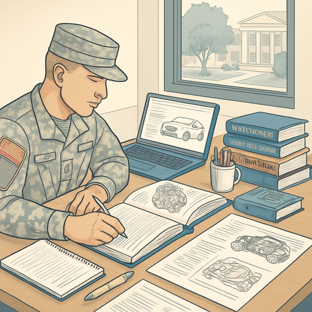 A military veteran studying automotive engineering, with books and a laptop on a college campus desk. Military veteran upgrading automotive technology associate degree to bachelor’s.