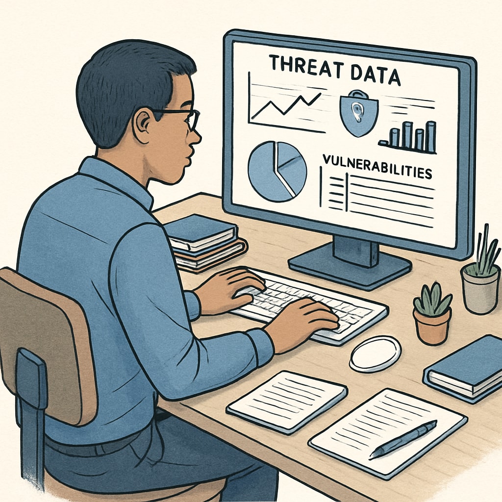 A cybersecurity professional analyzing threat data on a computer screen to identify vulnerabilities. Cybersecurity professional working on network security analysis.