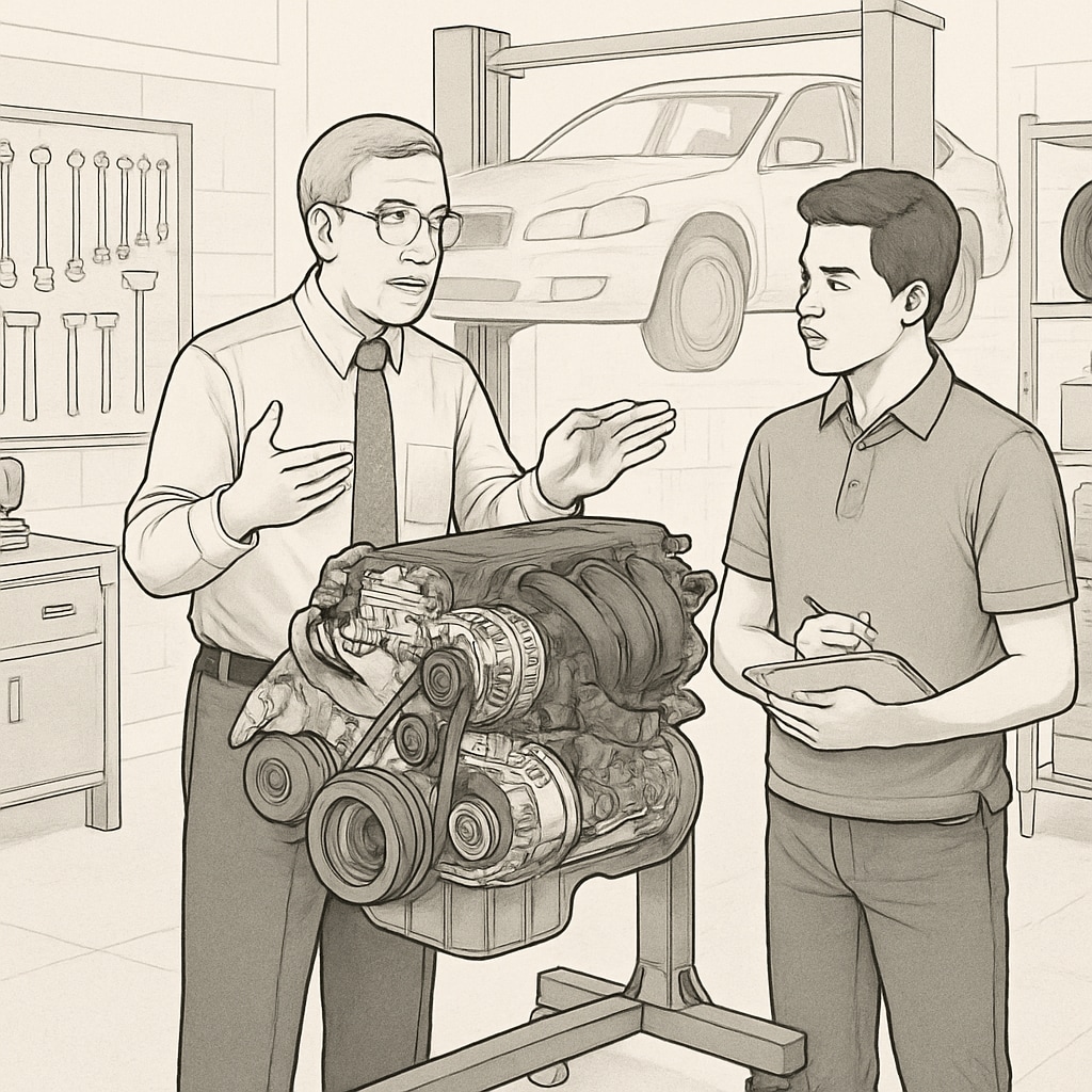 A professor guiding a student through an automotive technology lab on campus. Automotive technology lab with professor and student discussing technical concepts.