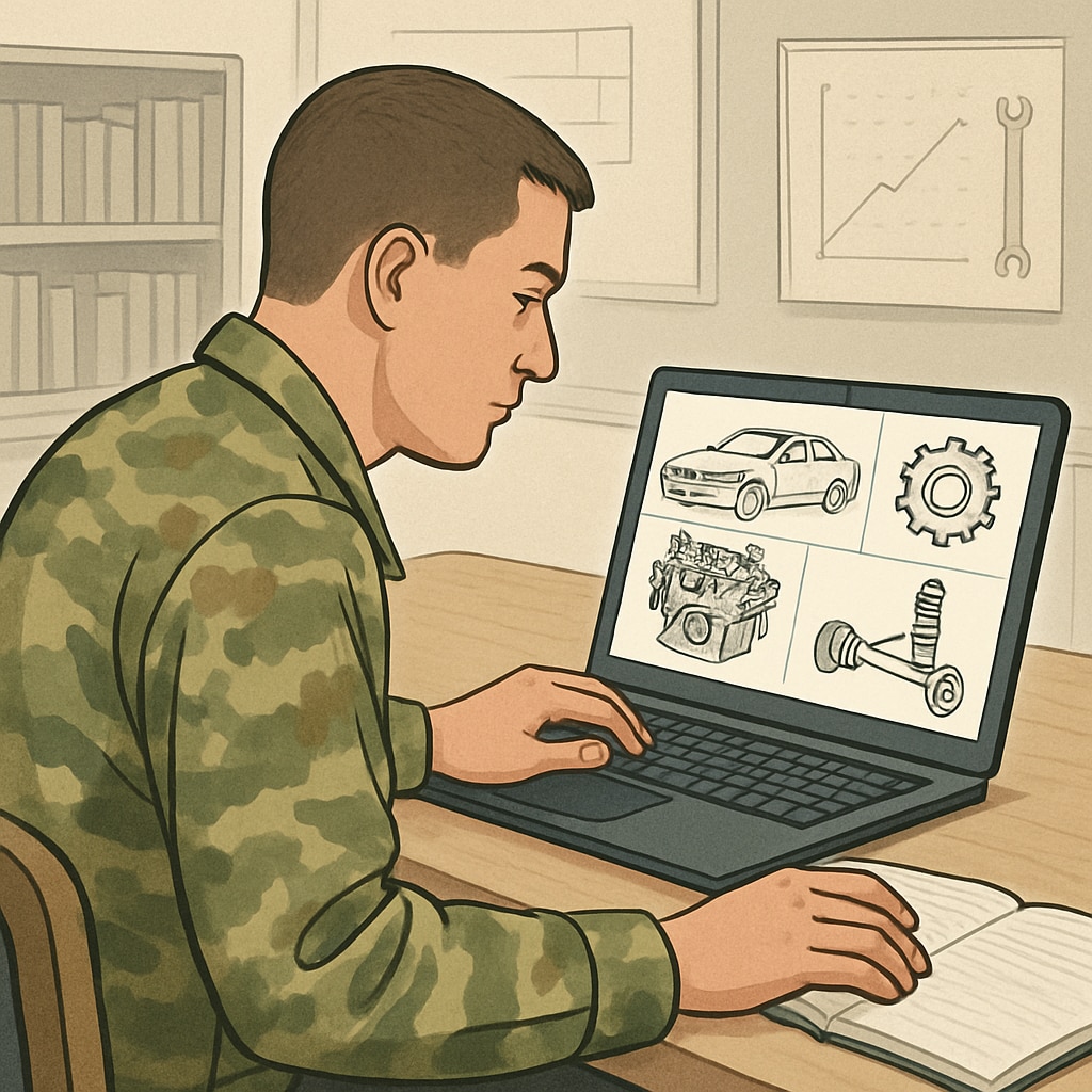 A military student studying automotive engineering concepts on a laptop, symbolizing education and career advancement. Military student advancing automotive technology education.