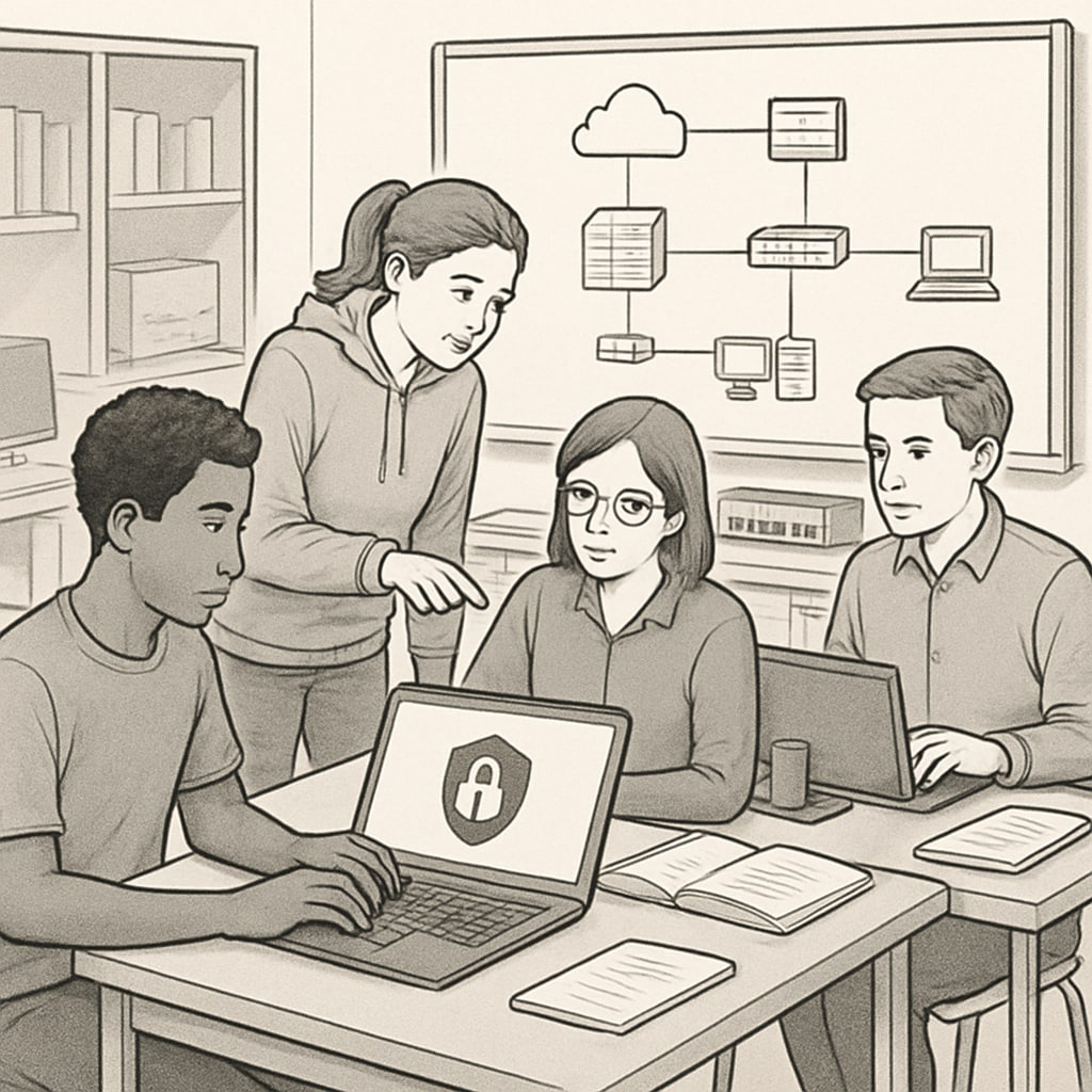 A group of cybersecurity students collaborating on a network security project in a classroom setting. Students discussing network security strategies in a teamwork exercise.