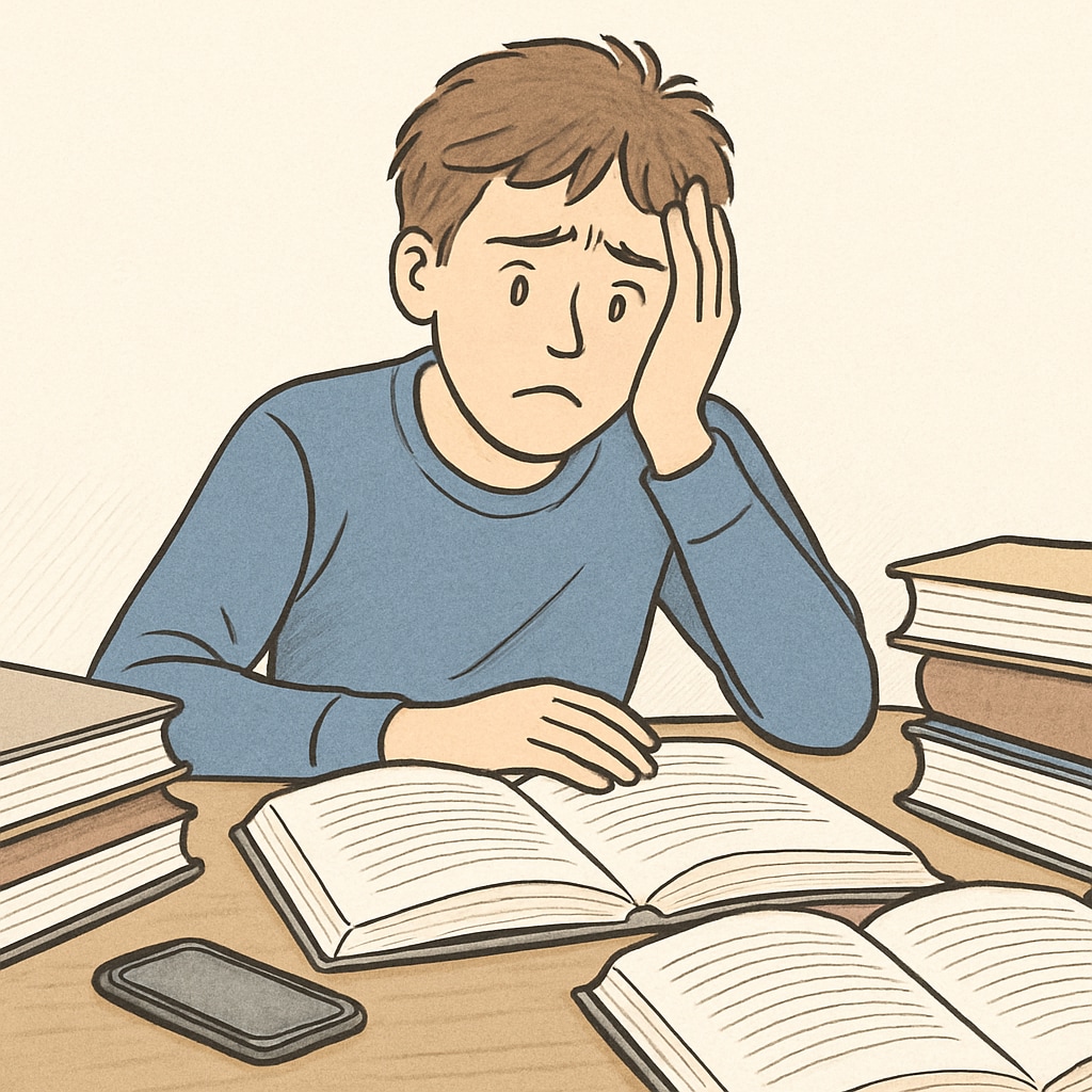 A teenager sitting at a desk looking overwhelmed while textbooks and a smartphone are spread across the table. Teen motivation and education challenges depicted through study materials.