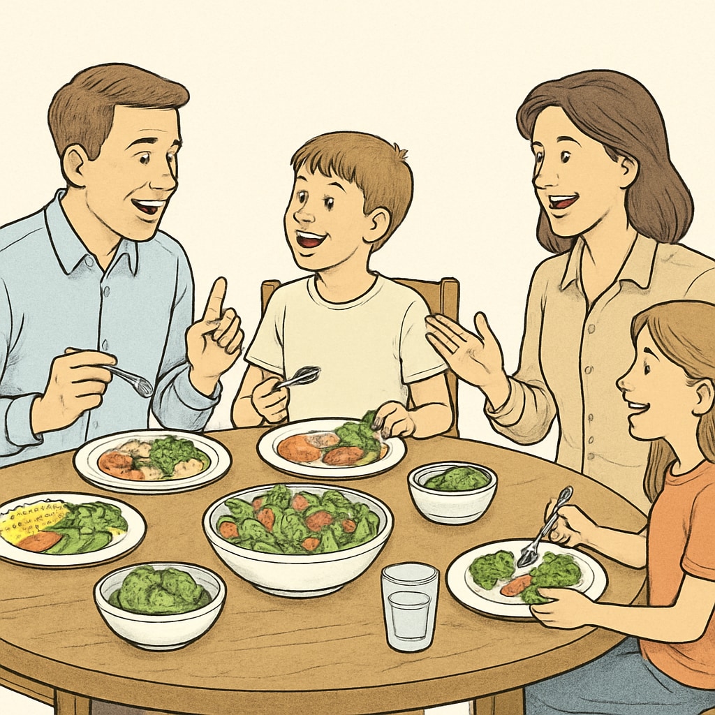 A family sitting around the dinner table, engaged in lively conversation and sharing healthy meals. Family support and healthy habits shown through shared mealtime.