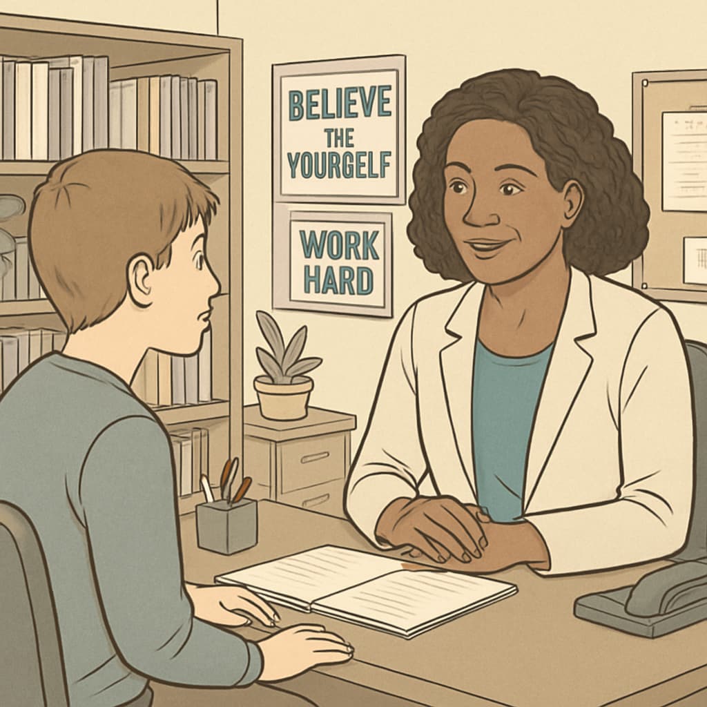A school counselor conversing with a student in an office setting, emphasizing their role in offering support and guidance. School counselor providing guidance to a student in an office environment.