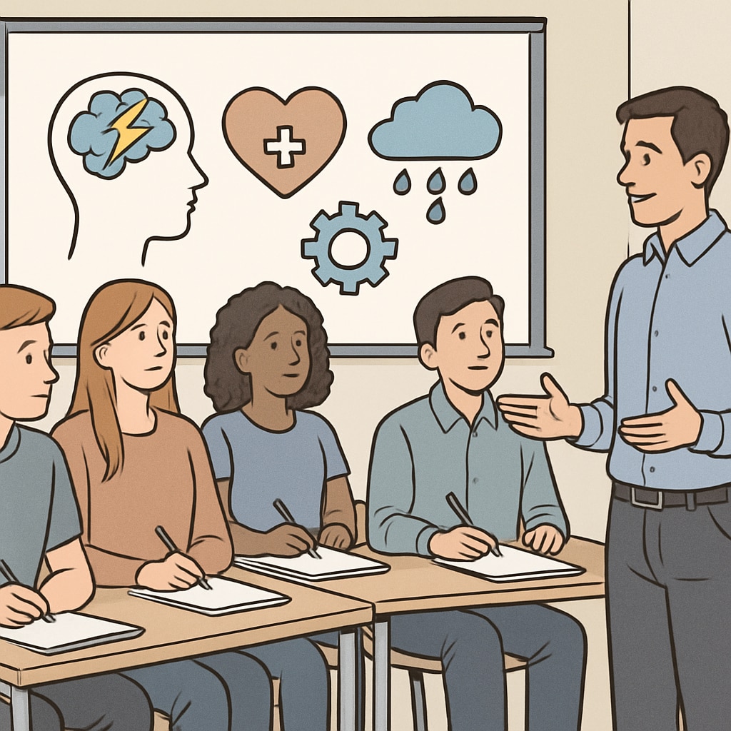A group of high school students attentively listening to a speaker discussing mental health topics. High school students listening to a mental health speech event.
