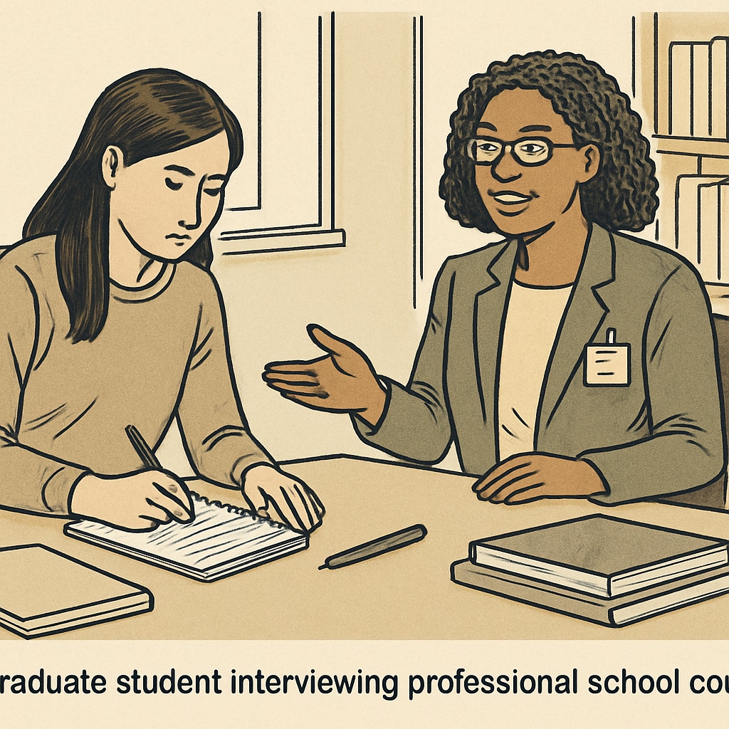 A graduate student taking notes during an interview with a school counselor, demonstrating the academic-practitioner collaboration process. Graduate student interviewing a school counselor for academic research.