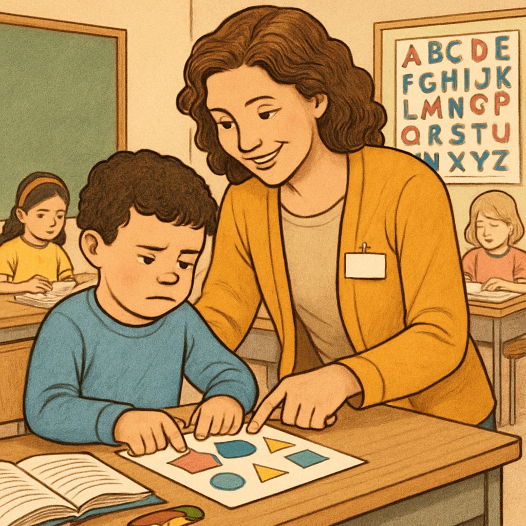 A classroom scene showing a teaching assistant helping a child with autism on a learning activity. The assistant is smiling and providing guidance, demonstrating empathy and patience. A teaching assistant helping a child with autism in a classroom.