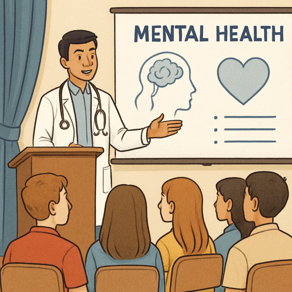 A medical student speaking on stage, engaging with high school students through a mental health presentation. Medical student delivering a mental health speech to high school students.