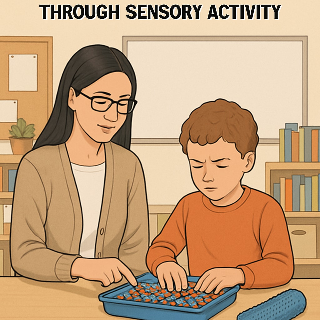 A teaching assistant guiding a child with autism through a sensory activity in a calm classroom setting. Both appear engaged and focused, highlighting the importance of sensory tools in special education. A teaching assistant guiding a child with autism through a sensory activity.