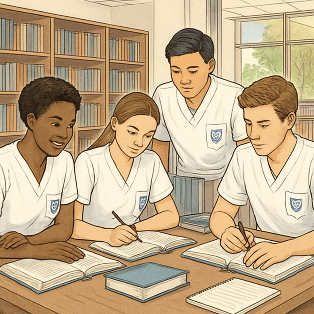 A group of nursing students studying together in a well-lit campus library, showcasing a collaborative academic environment. Nursing students collaborating in a campus library
