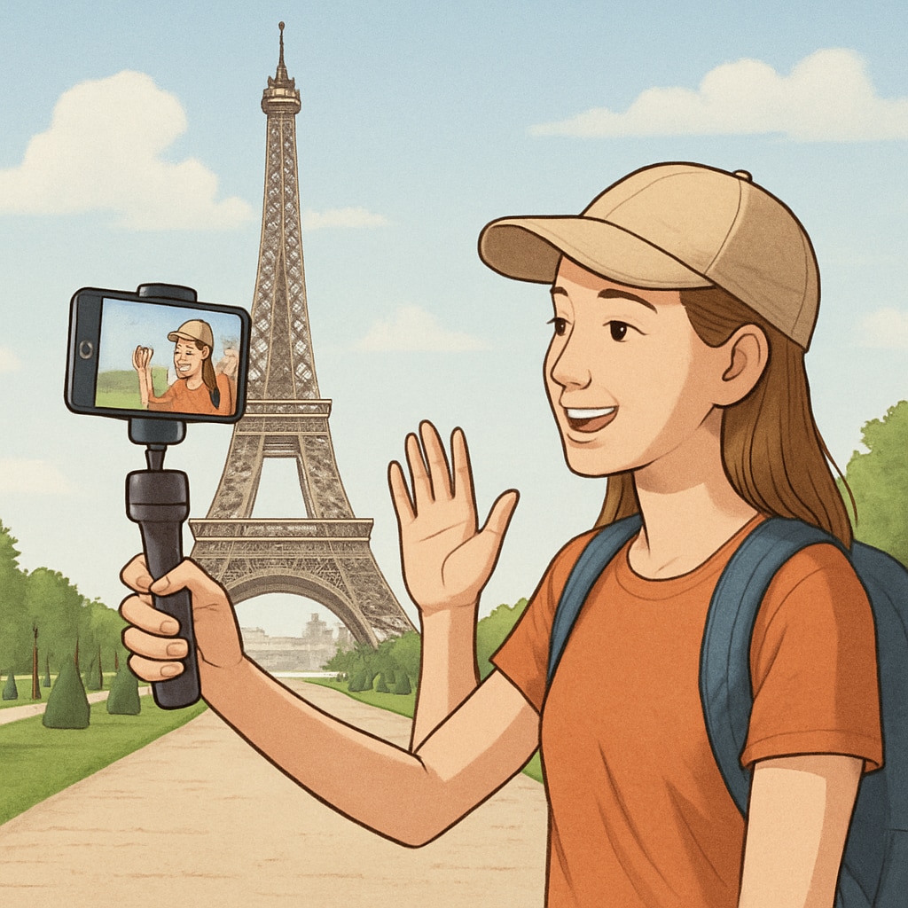 Travel influencer creating short videos at a tourist destination to engage viewers.