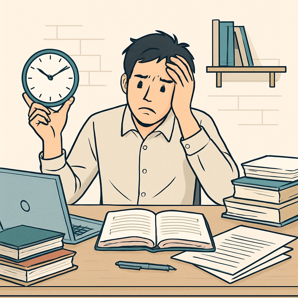 A stressed student trying to balance work and academics, illustrating potential challenges. A student experiencing stress from part-time work and school commitments.