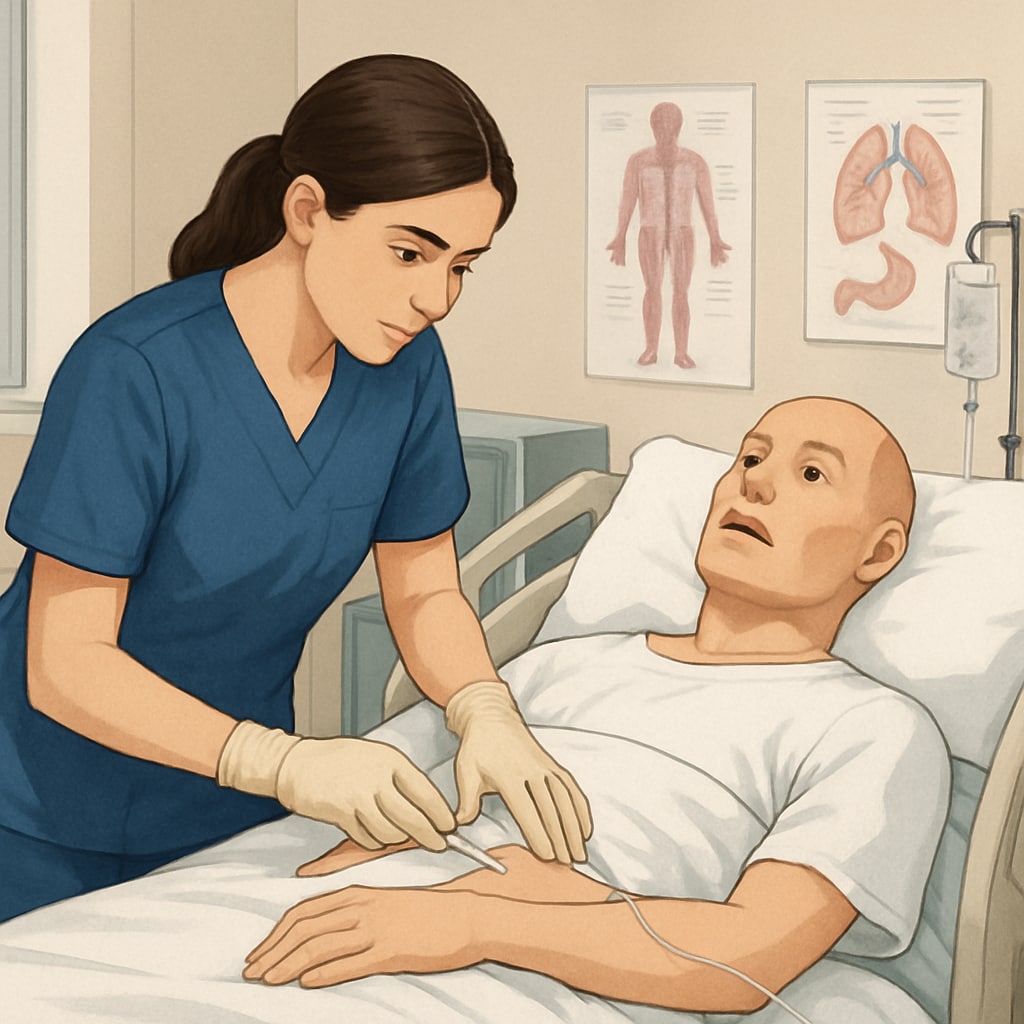 A nursing student practicing patient care with a simulation mannequin in a classroom setting, demonstrating hands-on clinical training. Nursing student practicing clinical skills with a mannequin