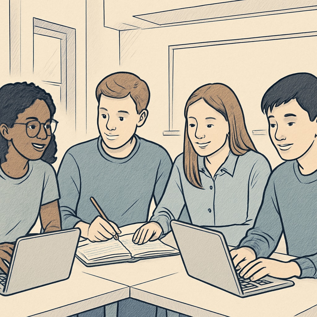 A diverse group of students collaborating on a study project using laptops and notebooks in a modern classroom, illustrating the concept of learning groups. Students in a study group collaborating on a project