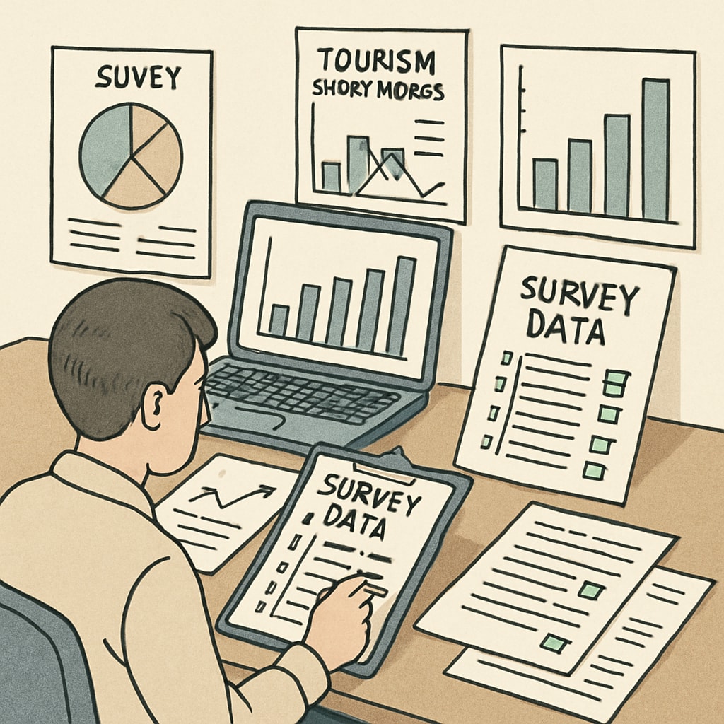 A researcher analyzing survey data on tourism short videos, sitting at a desk with charts and graphs. Survey data collection for tourism short videos research.